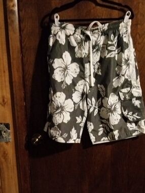 Pacifica Olive Green Cargo Swim Shorts with White Hibiscus Print